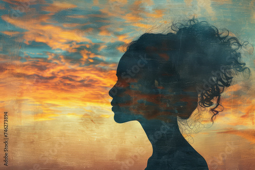 Contemplative woman silhouette against a dreamy sky