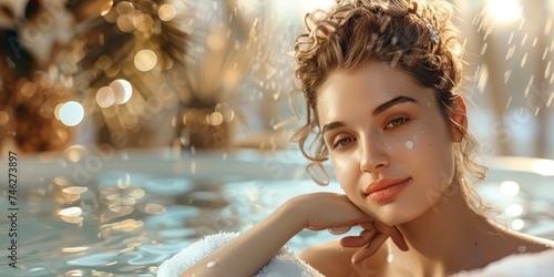 Stylish portrait of a charming woman in a luxury spa in a relaxing atmosphere, beautiful scenery, professional photo