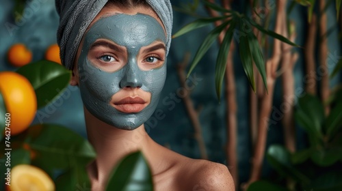Stylish portrait of charming woman in luxury spa with clay face mask, professional photo 