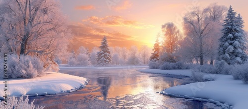 The painting depicts a snowy landscape with a river winding through it under a colorful sunset sky. The winter scene captures the beauty of nature in a serene setting.