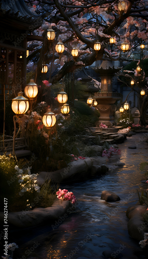 Lanterns decorating a Japanese garden in the evening. Lanterns decorating a Japanese garden in the evening.
