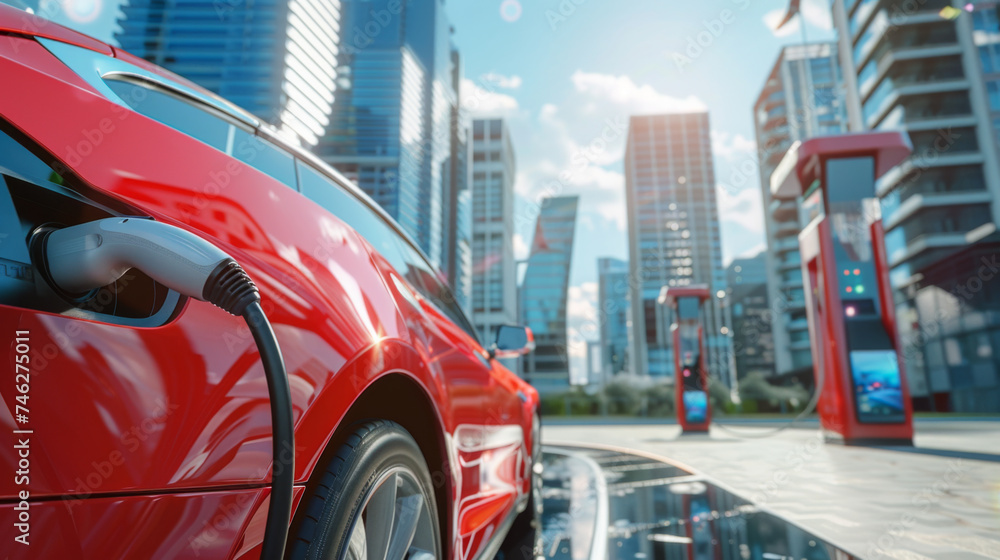 Close up of red modern electric car’s charging port in urban city road with skyscraper, blue sky and white cloud in background. Future, green and renewable battery energy concept Close up of red modern electric car’s charging port in urban city road with skyscraper, blue sky and white cloud in background. Future, green and renewable battery energy concept