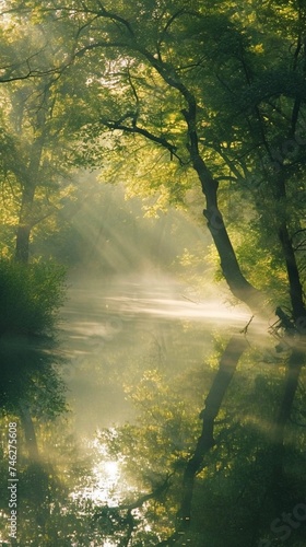Imagine an ethereal mist clinging to the surface of a tranquil river, with the reflections of surrounding trees appearing almost magical in their clarity.