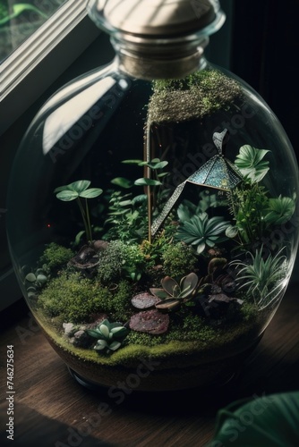 a terrarium filled with plants and rocks