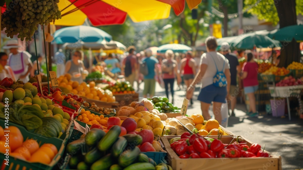A cozy corner of a bustling farmers market, with vibrant displays of fresh produce, artisanal goods, and bustling crowds under a canopy of colorful umbrellas. - obrazy, fototapety, plakaty 