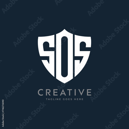 Letter "SOS" monogram and shield sign combination. Line art logo design. Symbolizes reliability, safety, power, security.