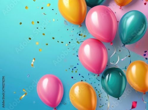 Colorful Balloons with Ribbons and Confetti on pink Background - A Festive Vector Illustration for Birthday Celebrations