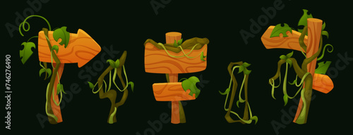 Wooden signboards with creeping liana vines and green leaves. Cartoon game ui assets vector set of wood signage board and arrow pointer with hanging jungle plant rope and tropical tree branches.