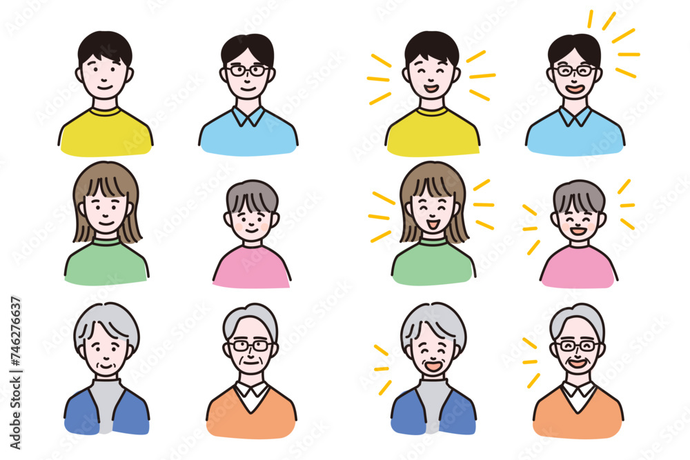 シンプル上半身人物イラスト 笑顔 老若男女 シンプル上半身人物イラスト 笑顔 老若男女