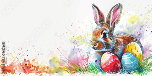 Easter basket with eggs and bunny decorated with flowers. Happy easter