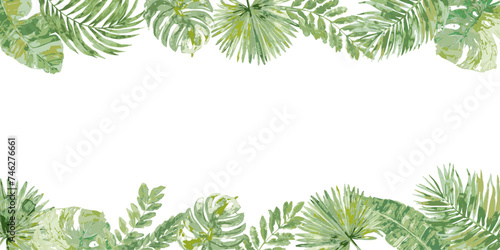 tropical exotic jungle leaves in green wet watercolor background border with copy space in the middle.