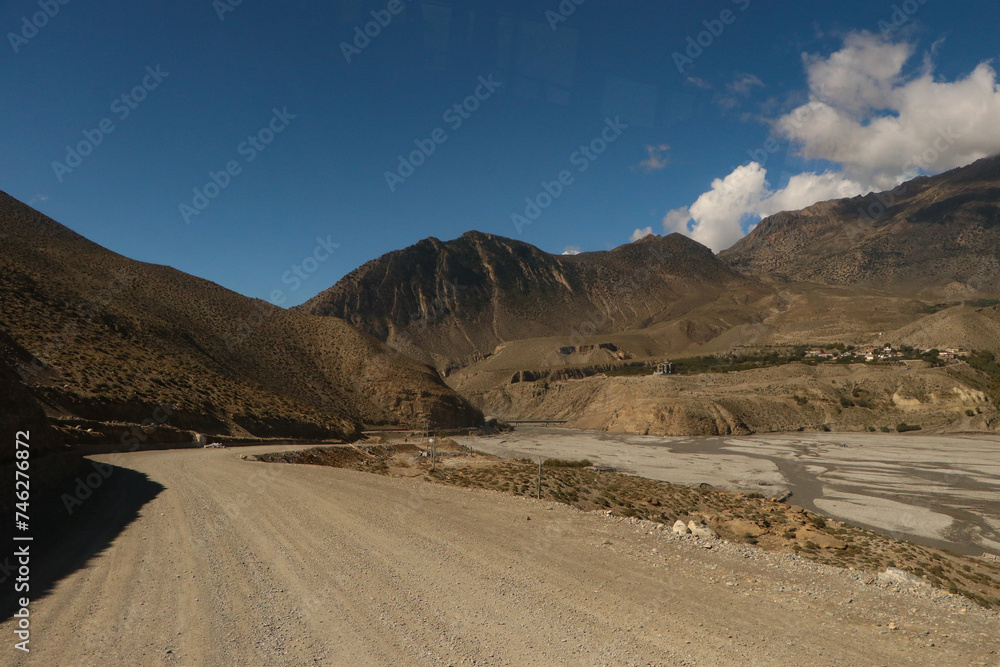 Stunning road and landscape on the way to muktinath from jomsom in Mustang of Nepal
