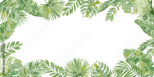 tropical exotic jungle leaves in green wet watercolor background border with copy space in the middle.