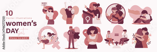 Set of International Women Day concept with celebrate women day. Struggling for freedom, treatment, independence, equality. vector illustration