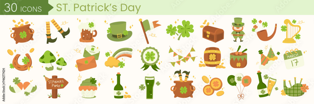 St. Patrick day vector icons set isolated on white background. Elements with coins, elves, Irish flag, shamrock, horseshoes and more. Vector illustration - obrazy, fototapety, plakaty 