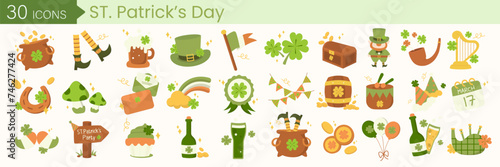 St. Patrick day vector icons set isolated on white background. Elements with coins, elves, Irish flag, shamrock, horseshoes and more. Vector illustration photo