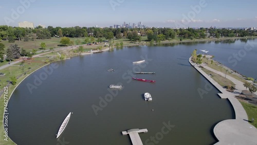 A 4K high-flying drone shot of Sloan’s Lake, the biggest lake in the city of Denver, Colorado, and home to the second largest park in the city, and a myriad of outdoor activities. photo