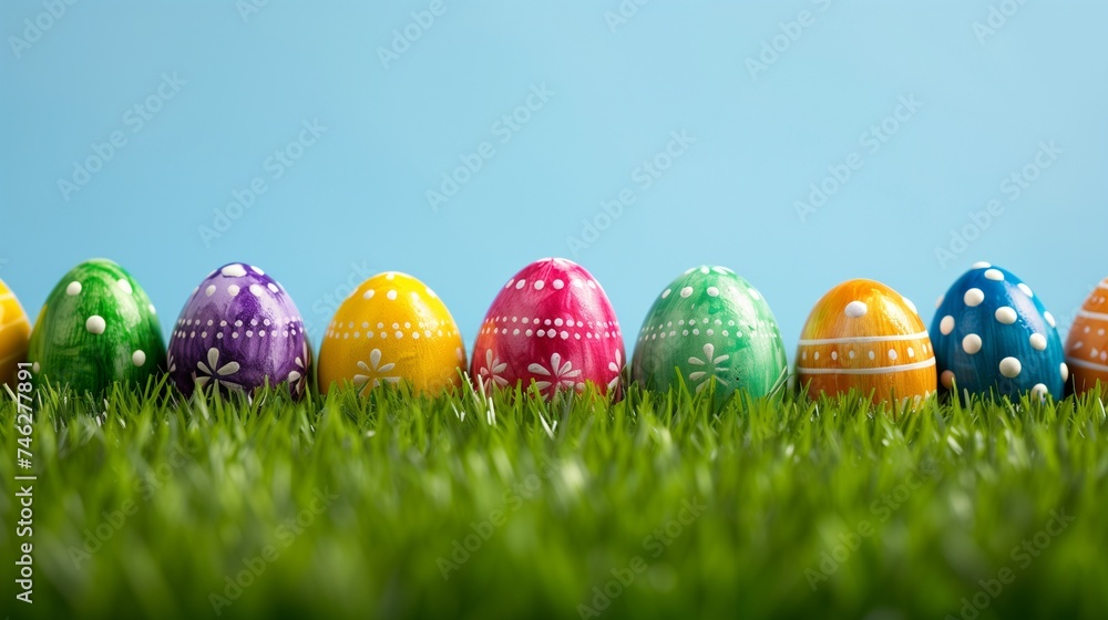 Colorful Painted Eggs In Row On Grass Colorful Painted Eggs In Row On Grass