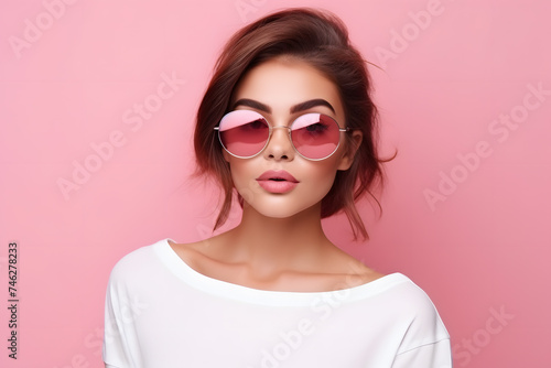 Portrait of woman with sunglasses and brunette hair in front of pink studio background