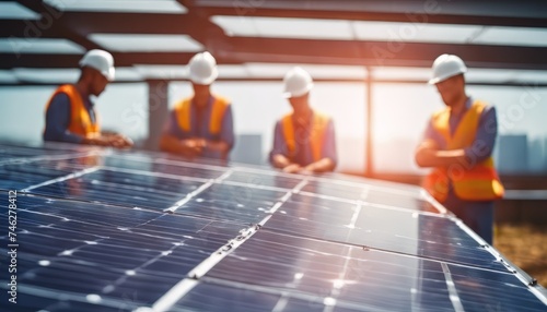 modern workers behind solar panel background view