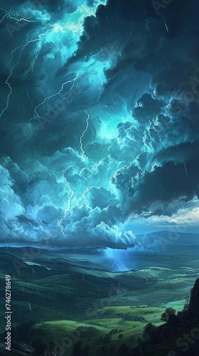 Imagine a dramatic thunderstorm over a wide expanse of rolling hills  with each raindrop and lightning bolt frozen in time  capturing the intensity of the moment.