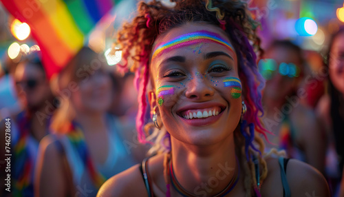 Portrait of a smiling woman with rainbow face paint, symbolizing pride and joy amidst a festive crowd. 