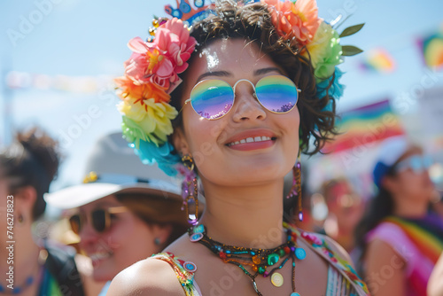 A joyful young woman celebrating a pride parade, adorned with colorful accessories and a crown of flowers. 