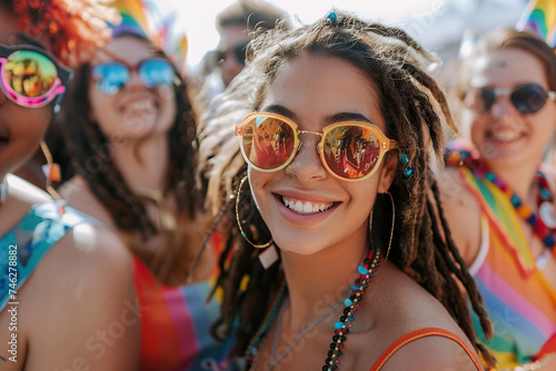 A young woman in sunglasses radiates happiness at pride month celebrations. 