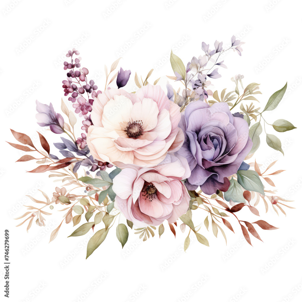 watercolor floral arrangement  elegant 
featuring types of flowers and leaves for card, invitation decoration,wedding