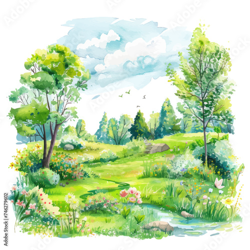 Rural spring landscape with a river and green meadows. Vector watercolor illustration