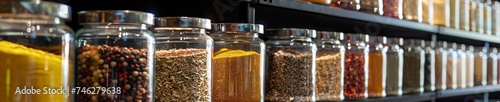 Organic spice and herb racks from turmeric to garlic flavor library photo