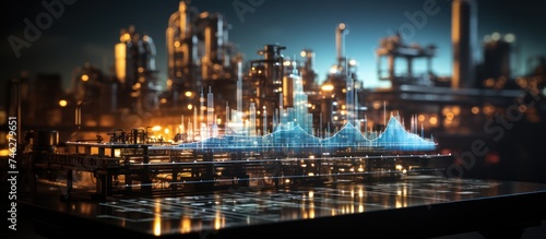 Digital screen double exposure concept with financial graph charts and oil refinery pump