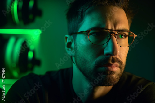 Close-up of a man in his thirties with dyed hair and a nose ring wearing glasses sitting in front of a computer at night in the room lightened with green and orange lights