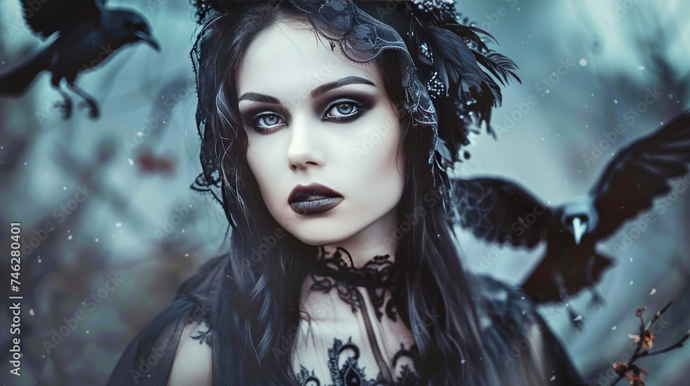 Beautiful young woman dressed in black with crows around, dark gothic atmosphere Beautiful young woman dressed in black with crows around, dark gothic atmosphere