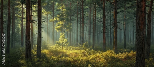 A captivating painting showcasing the enchanting beauty of a majestic woodland pine forest filled with numerous trees. © AkuAku