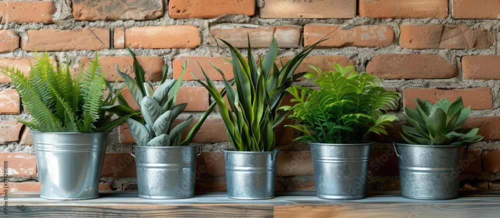 A straight row of aluminum pots holding artificial plants sits neatly on top of a sturdy wooden table. The table is positioned against a brick wall backdrop, creating a simple yet charming display of