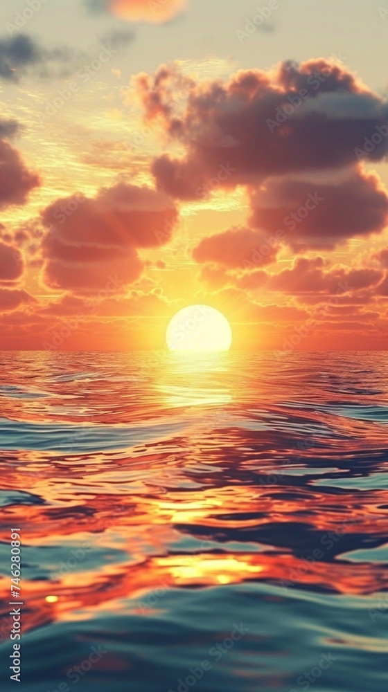 Imagine a tranquil sunrise over a calm ocean, where the golden hues of the sun reflect off the water's surface, creating a serene and mesmerizing scene.