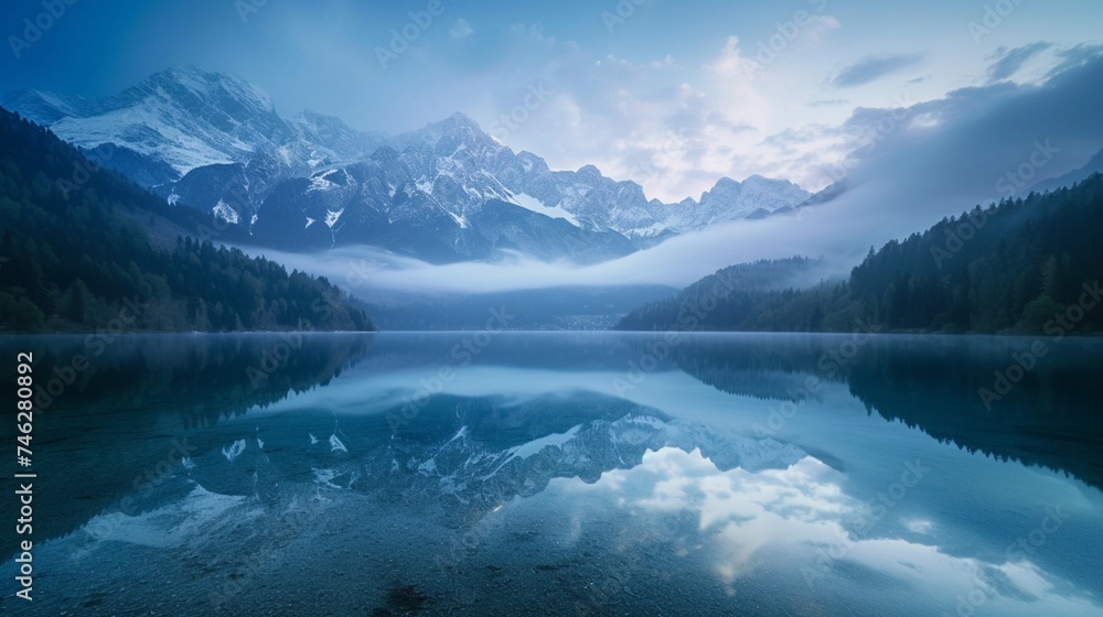 Jasna Lake at the break of dawn, with the stunning reflections of snow-capped mountains mirrored perfectly on the calm and crystal-clear water. 