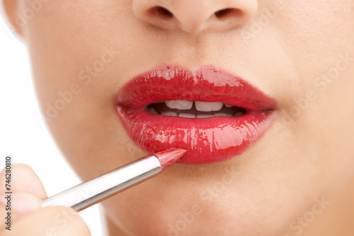 Woman  closeup and red lipstick with makeup for beauty cosmetics on a white studio background. Lips of female person or model applying color  gloss or glow for cosmetology  dermatology or treatment
