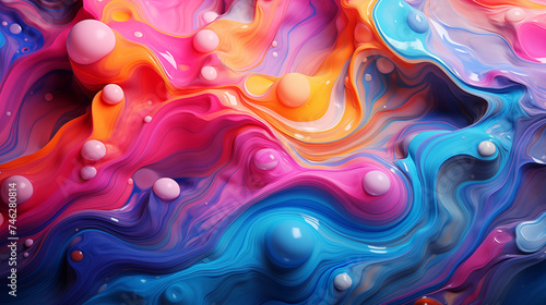 Bright abstract background. Flow of multi-colored paint with bubbles and lumps. Multicolored liquid, abstract 3D background. AI generative