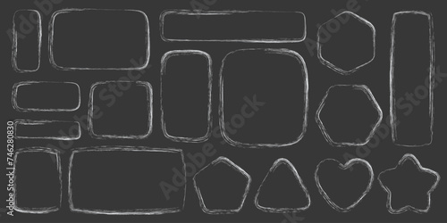 Chalk line frames. Geometric borders with sketch texture. Square and rectangle hand drown shapes with crayon stroke. Outline vector set