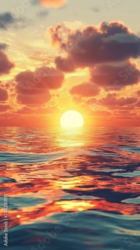 Imagine a tranquil sunrise over a calm ocean  where the golden hues of the sun reflect off the water s surface  creating a serene and mesmerizing scene.