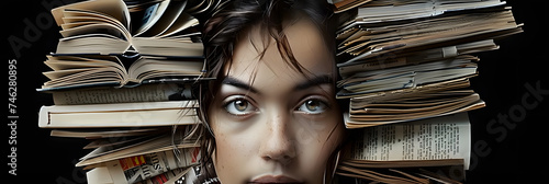 An image of a person's face made of different book pages, with different stories and genres forming the different facial features and expressions 