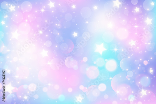 Rainbow gradient sky background. Unicorn space with glitter and stars. Holographic mermaid magic texture with bokeh. Vector wallpaper