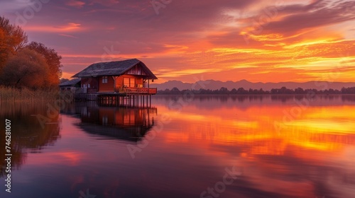 Lakeside huts during a vibrant autumn sunset, with the sky painted in hues of orange and purple. T