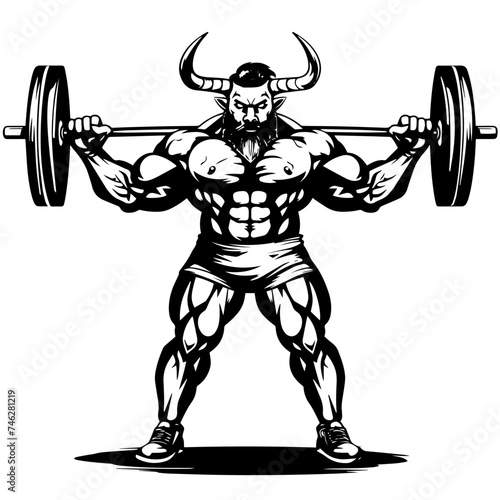 Muscular bull man bodybuilder holding a large barbell with big weights