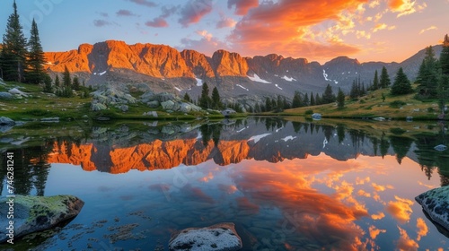 Majestic mountain peaks rising above a tranquil alpine lake at sunrise, casting reflections on the still water.