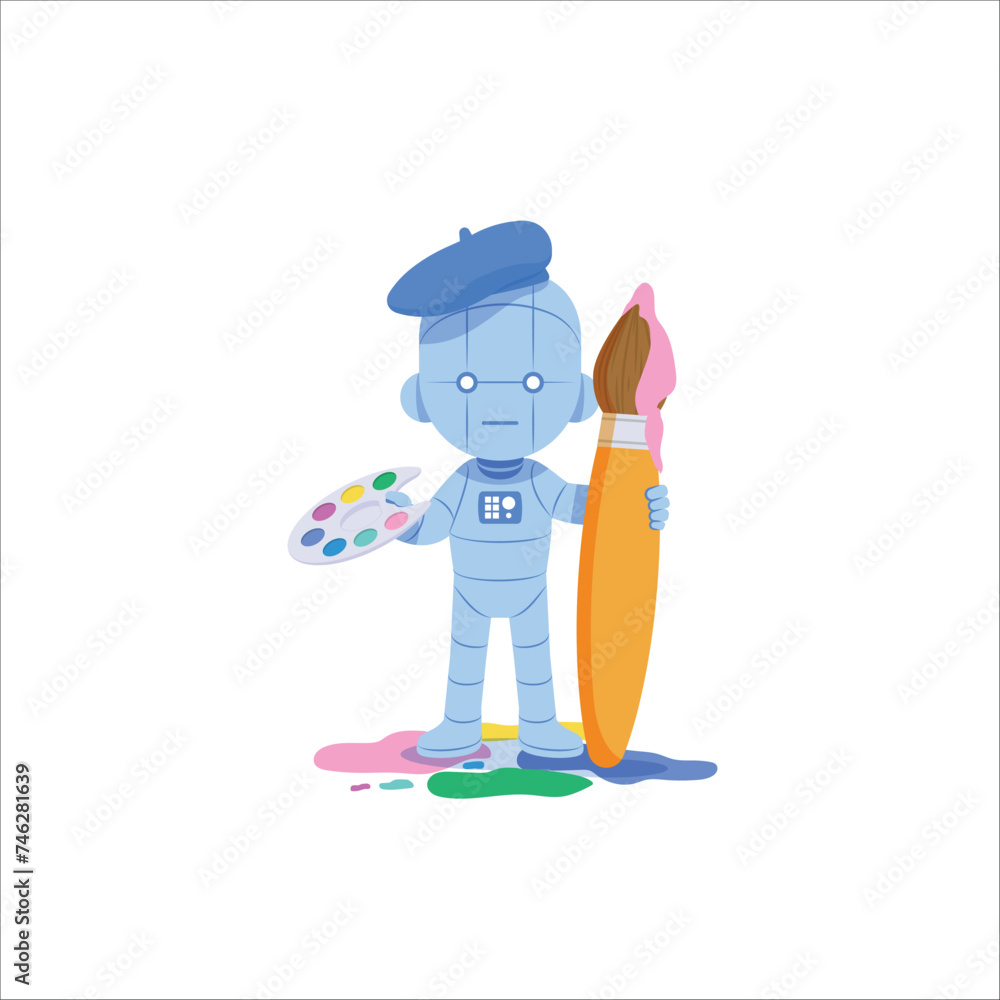 AI (artificial intelligence) robat painter artist with brush, color palette. illustration vector cartoon character design on white background. AI (artificial intelligence) robat painter artist with brush, color palette. illustration vector cartoon character design on white background.
