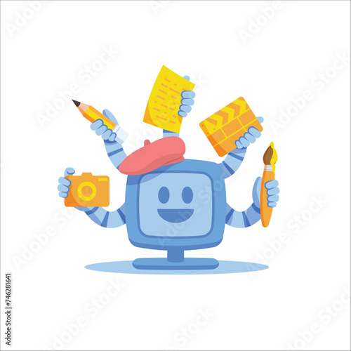 AI (artificial intelligence) personal computer do many task with creativity icon symbol in hands. illustration vector cartoon character design on white background. Medical concept.