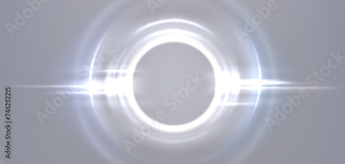 White neon glowing circle. Realistic vector illustration of light lens flare effect of circular shape with bright sparkle and streak. Shiny glare ring with ray and highlight. Luminous round frame.